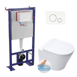 Pack WC bâti-autoportant + WC SAT sans bride fixations invisibles + Abattant softclose + Plaque blanche (SMART-SATrimless-9)
