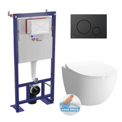 Pack WC bâti-autoportant + WC SAT sans bride fixations invisibles + Abattant softclose + Plaque blanche (SMART-SATrimless-9)