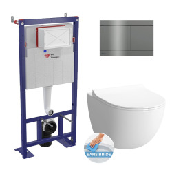 Pack WC bâti-autoportant + WC SAT sans bride fixations invisibles + Abattant softclose + Plaque blanche (SMART-SATrimless-9)