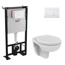 Alca Pack WC Bâti-support autoportant + WC Porcher sans bride + Abattant Astor + Plaque blanche (AlcaPorcher-M270)