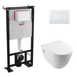 Alca Pack WC Bâti-support autoportant + WC sans bride SM26 + Abattant frein de chute + Plaque blanche (AlcaSM26-M270)