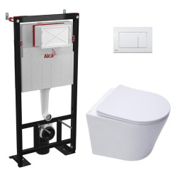 Alca Pack WC Bâti-autoportant + WC sans bride Infinitio + Abattant softclose + Plaque blanche (AlcaInfinitio-M270)