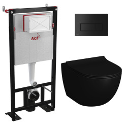 Alca Pack WC Bâti autoportant + WC sans bride Infinitio 2.0, Noir mat + Abattant softclose + Plaque Noire mat