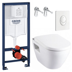 Pack WC bâti-support avec Cuvette Serel Solido Compact sans bride + Abattant softclose + Plaque blanc (RapidSL-SM26-3)