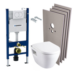 Pack WC Bâti Duofix + Cuvette SM26 sans bride + Abattant soft close + Plaque blanche + Set habillage (HSM26Geb3)