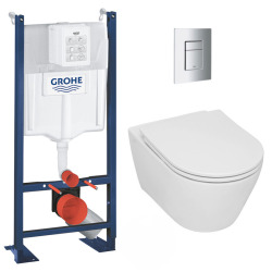 Pack WC Bâti-support Rapid SL autoportant + WC sans bride Serel, fixations invisibles + abattant softclose + Plaque Chrome