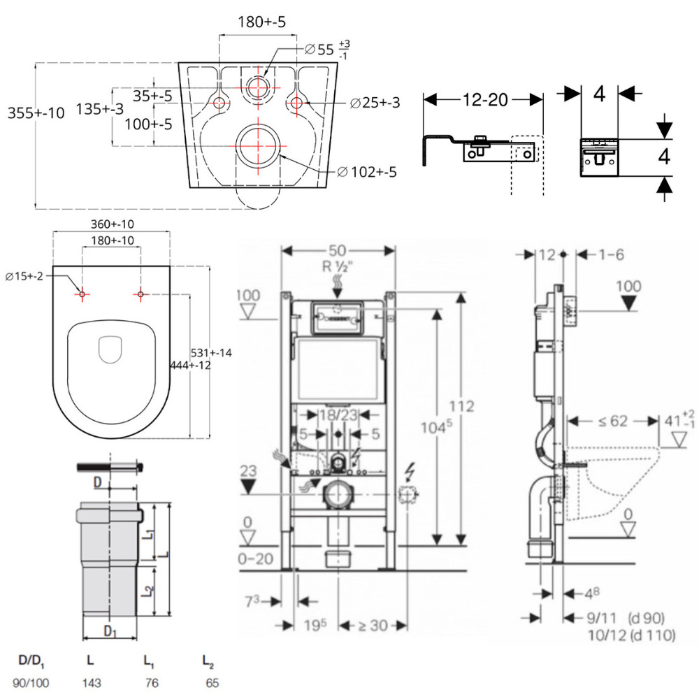 Pack Bati-support Geberit 112cm + WC sans bride SAT Brevis + Abattant ...