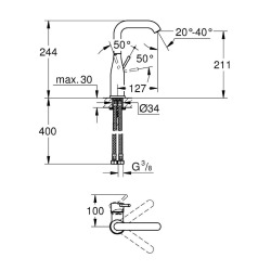  Essence Mitigeur monocommande pour lavabo, Taille L, cartouche en céramique, Chrome (23541001)