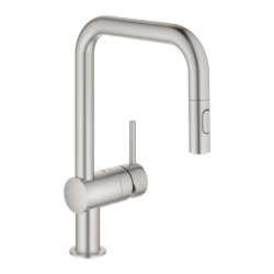 Grohe Minta Mitigeur monocommande d&apos;évier avec douchette extractible 2 jets, Supersteel (32322DC2)