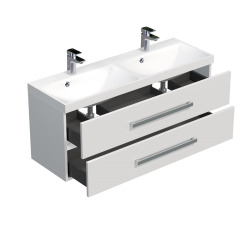 Naturel Meuble salle de bain 120 x 40 cm avec double vasque – blanc brillant / naturel – Cube Way (CUBE2120ZBL)