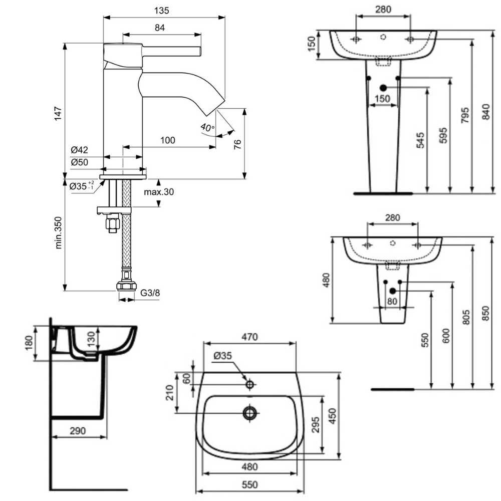 Ensemble Lavabo à suspendre + Bonde clic-clac + Siphon de lavabo