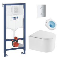 Pack WC Bâti-support + WC sans bride Vortex SAT Delano + Abattant softclose + Plaque Chrome