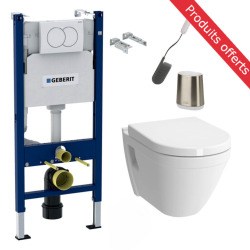 Pack WC Bâti-support Duofix + WC sans bride SAT + Abattant softclose + Plaque blanche + Brosse de toilette grise
