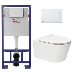 Pack WC bâti-autoportant + WC SAT sans bride fixations invisibles + Abattant softclose + Plaque blanche (SMART-SATrimless-9)