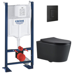 Grohe Pack WC Bâti-support Rapid SL + WC SAT sans bride noir mat + Abattant softclose + Plaque noire mat