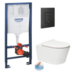 Grohe Pack WC Bâti-support Rapid SL + WC sans bride SAT + Abattant slim, softclose + Plaque de commande noir mat