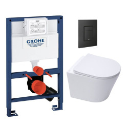 Grohe Pack WC Bâti-support Rapid SL + WC Swiss Aqua Technologies Infinitio sans bride + Plaque Noir mat (RapidSL082-Infinitio-KF0)