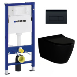 Geberit Pack WC Bati-support Geberit Duofix + WC sans bride Livea Bello noir mat + Abattant softclose + Plaque noire (Black Livea BelloG