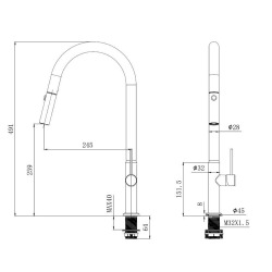  Mitigeur monocommande avec douchette extractible et bras pivotant, 2 jets, Aspect acier inox