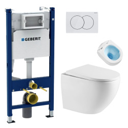 Geberit Pack WC Bati-support Geberit Duofix + WC sans bride Swiss Aqua Technologies + Plaque de commande Delta01 Blanche (FusionTQGeb3)