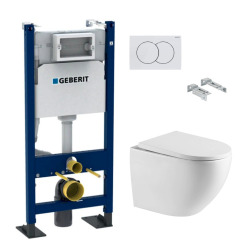 Geberit Pack Bati-support Geberit Duofix + WC sans bride Swiss Aqua Technologies + Plaque de commande Delta01 Blanche (FusionTQGebX)