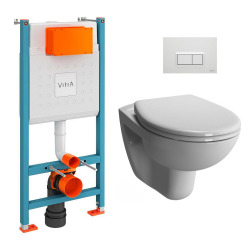 Vitra  Pack WC Bâti-support V-Fix + WC sans bride Vitra Normus + Abattant SoftClose + Plaque, Blanc Brillant (V-FixNormusRimless-1)