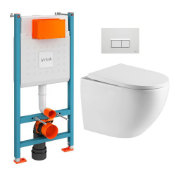 Vitra  Pack WC Bâti-support V-Fix + WC sans bride SAT + Abattant SoftClose + Plaque, Blanc Brillant (V-FixFusionTQ-1)