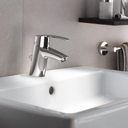 Porcher Ensemble Lavabo suspendu monotrou en porcelaine vitrifiée Kheops + Mitigeur monocommande Grohe Start, Chrome (P098401-SET1)