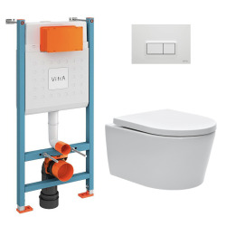 Pack WC Bâti-support Vitra V-Fix Core + WC SAT sans bride et fixations invisibles + Plaque, Blanc brillant (V-FixSATrimless-1)
