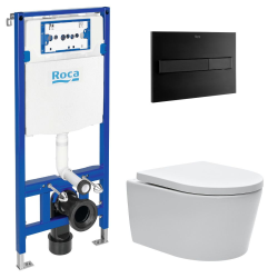 Pack WC Bâti support Roca Duplo One + Cuvette sans bride SAT + plaque de déclenchement, Noir (RocaActiveRSATrimless-3)