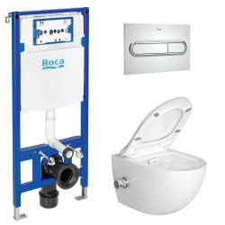 Pack WC Bâti support Roca Duplo One + Cuvette sans bride SAT Infinitio + plaque de déclenchement, Chrome (RocaActiveRSATClean-2