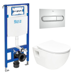 Pack WC Bâti support Roca Duplo One + Cuvette sans bride SAT Project + plaque de déclenchement, Chrome (RocaActiveRProject-2)