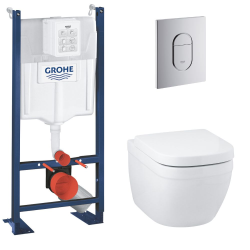 Grohe Pack WC Bâti support Grohe Rapid SL + Cuvette sans bride Grohe Euro Ceramic, Blanc + plaque de déclenchement: Chrome (39536000)