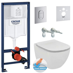 Grohe Pack WC Bâti-support + WC suspendu Ideal Standard Tesi Aquablade + Abattant slim avec frein de chute + Plaque Arena Chrome