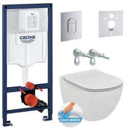 Pack WC Bâti-support + WC suspendu Ideal Standard Tesi Aquablade + Abattant slim avec frein de chute + Plaque Arena Chrome