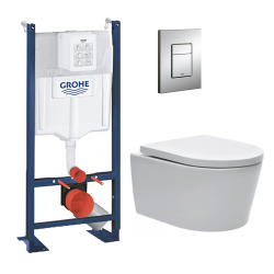 Pack WC Bâti-support autoportant + WC Swiss Aqua Technologies sans bride + Plaque chrome