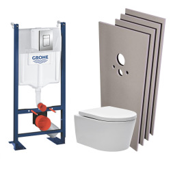 Pack WC bâti autoportant + WC Swiss Aqua Technologies sans bride + Plaque chrome + Set habillage