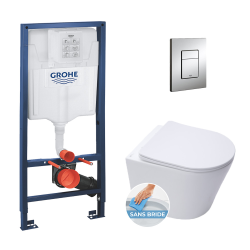 Swiss Aqua Technologies Pack WC Bâti-support + Cuvette SAT Infinitio sans bride blanc mat + Abattant frein de chute + Plaque Chrome