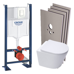 Swiss Aqua Technologies Pack WC Bâti-support autoportant + WC suspendu sans bride SAT + Abattant frein de chute + Plaque Blanc + Set d&apos;habillage