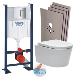 Swiss Aqua Technologies Pack Bâti autoportant RapidSL + WC sans bride SAT, fixations invisibles + Abattant softclose + Plaque chrome mat + Set habillage