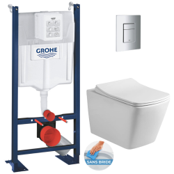 Swiss Aqua Technologies Pack WC Bâti autoportant + WC sans bride SAT Infinitio Design + Abattant softclose + Plaque chrome mat
