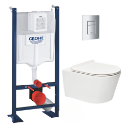 Swiss Aqua Technologies Pack WC Bâti autoportant + WC sans bride SAT Brevis + Abattant ultra-fin softclose + Plaque chrome mat