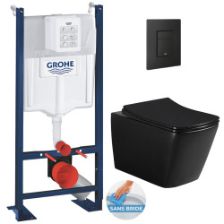 Pack WC Bâti-support Rapid SL + WC sans bride Infinitio Design, Noir mat + Abattant softclose + Plaque Noire mat