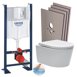 Swiss Aqua Technologies Pack WC bâti autoportant + WC sans bride SAT + Abattant softclose + Plaque chrome mat + Set habillage