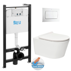Swiss Aqua Technologies Pack Bâti-support Roca Active + WC sans bride SAT Brevis + Abattant slim, softclose + Plaque Blanche