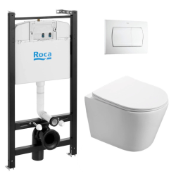 Swiss Aqua Technologies Pack Bâti-support Roca Active + WC sans bride SAT Infinitio + Abattant slim, softclose + Plaque Blanche