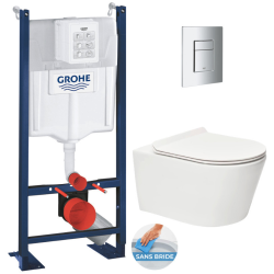 Swiss Aqua Technologies Pack WC Bâti autoportant + WC sans bride SAT Brevis + Abattant ultra-fin softclose + Plaque chrome