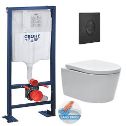 Swiss Aqua Technologies Pack WC bâti-autoportant Rapid SL + WC sans bride SAT, fixations invisibles + Abattant softclose + Plaque Noire mat