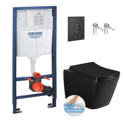 Pack WC Bâti-support Rapid SL + WC Square Infinitio sans bride noir mat + Abattant softclose + Plaque noire mat