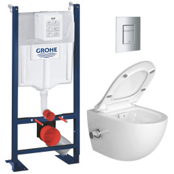 Pack WC Bâti autoportant Rapid SL + WC sans bride avec fonction bidet thermostatique + Plaque chrome (ProjectSATClean-1)